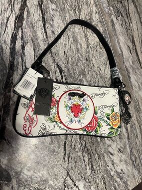 Ed Hardy White Tattoo Heart & Rose Shoulder Bag